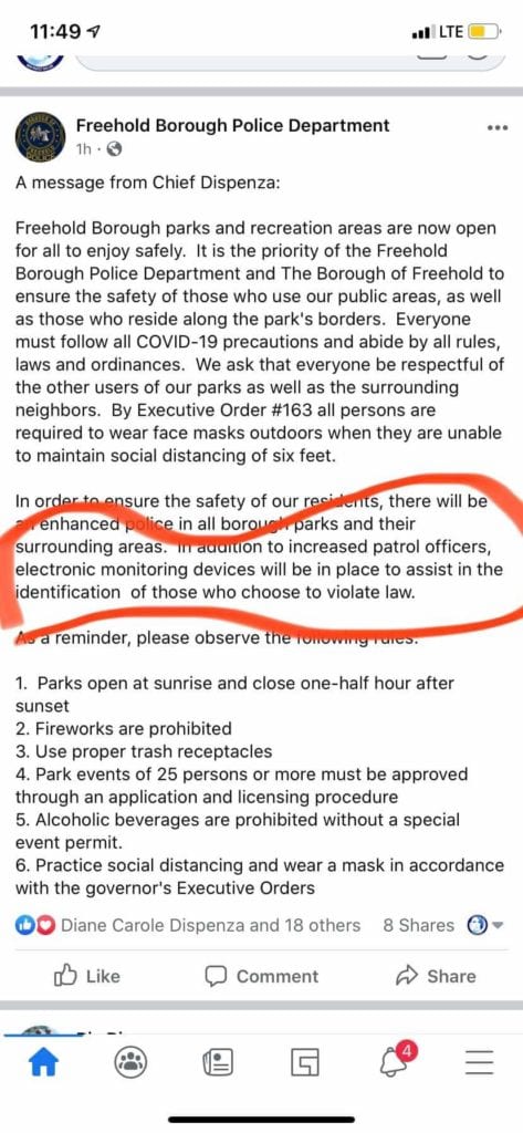 Big Brother is Here: NJ Police To Electronically Monitor and Charge People Not Wearing Masks in Parks