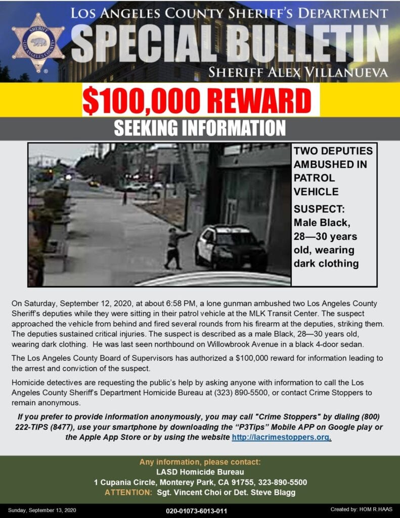 $100,000 reward for suspect who shot two Los Angeles police officers while they sat in their car