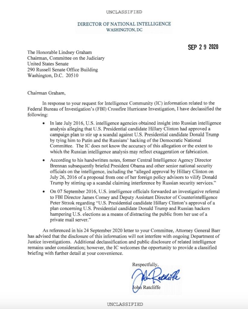 Declassified Intelligence Memo Claims Hillary Clinton Fabricated Russia Collusion Story