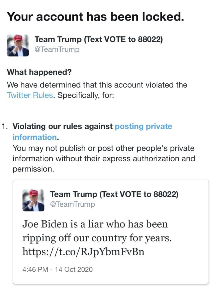 Twitter Collusion? Twitter Locks Team Trump Campaign Account 3 Weeks Before Election