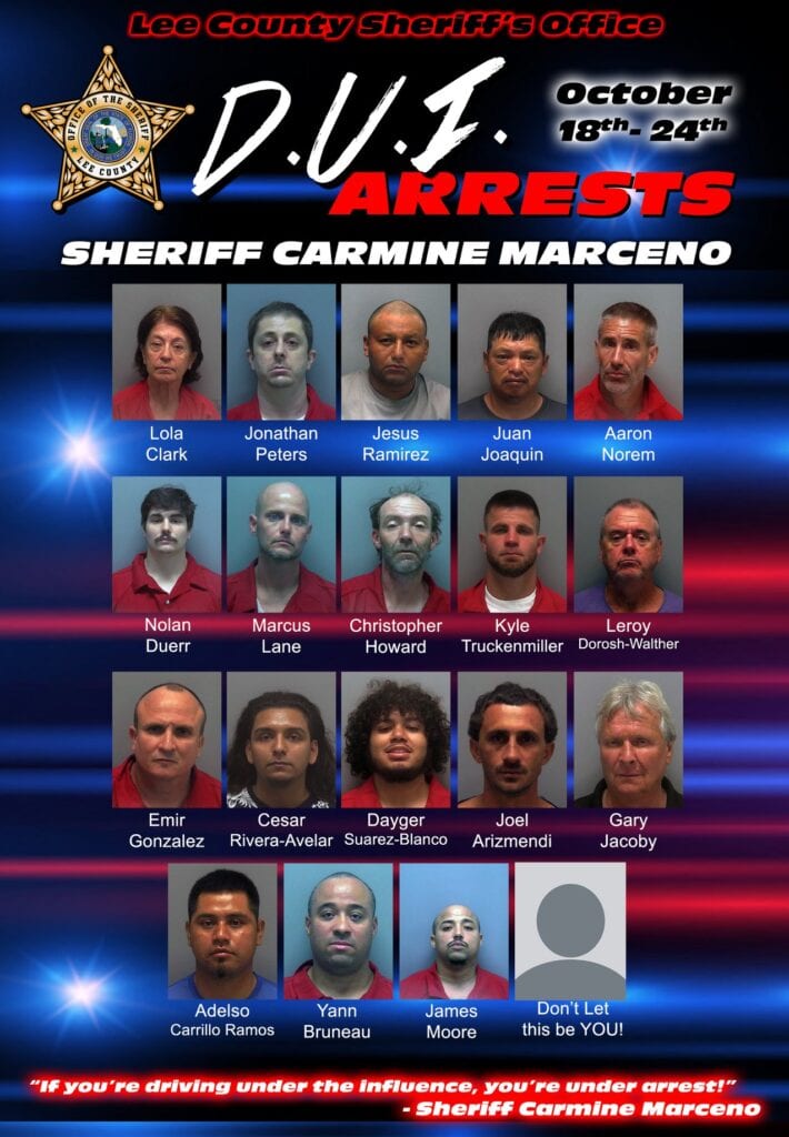 Here are the 18 people busted for DUI last week in Lee County, Florida