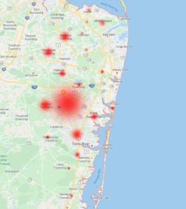 Ocean & monmouth county heat map - coronavirus - as of march 25, 2020
