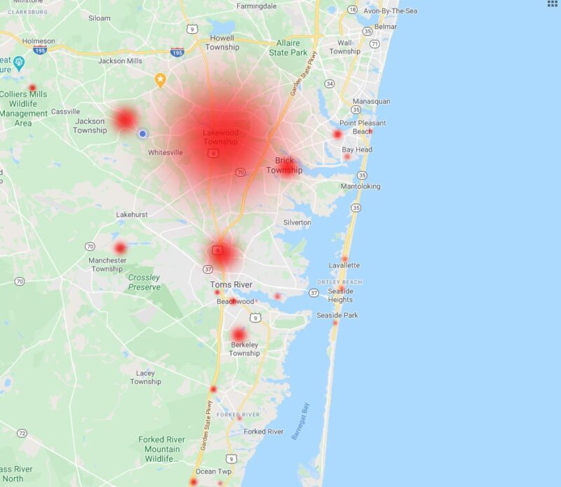 Ocean County Coronavirus Heat Map 3-28-20