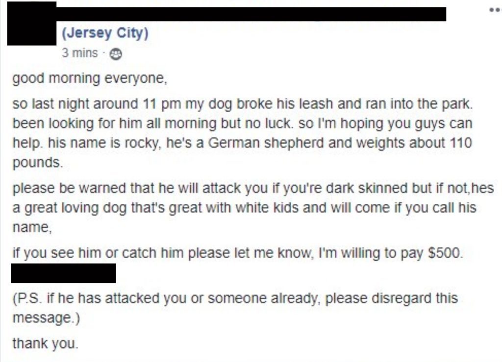 Jersey city resident willing to pay $500 for return of racist dog