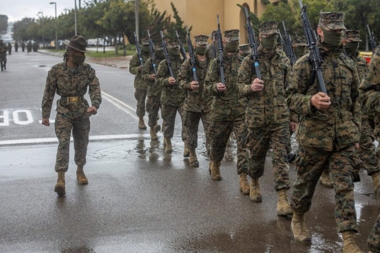 Marine recruits now using improvised skivvy shirt ppe masks during boot camp - photo licensed by shore news network.