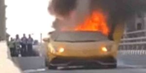 Lamborghini driver sets his car on fire revving his engine