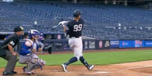 Watch: aaron judge goes deep twice in yankees hr derby over mets in empty stadium