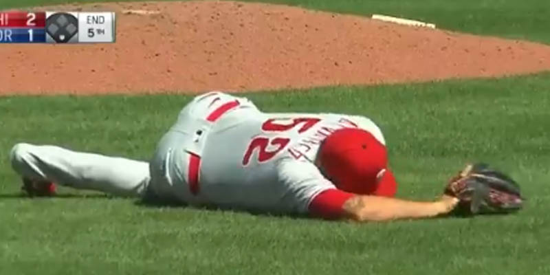 Watch: Phillies Pitcher Alvarez Takes 105.3 Mph Shot Where it Hurts Most, Finishes Play, Makes the Out