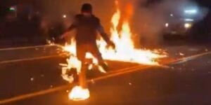 Portland rioter "fauci's" a molotov cocktail aimed at police, sets another protester on fire