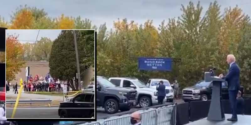 Video Shows Biden Speaking to Nearly Empty Parking Lot as Trump Supporter Chant "4 More Years"