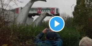 Viral video: whale sculpture stops train from falling off platform