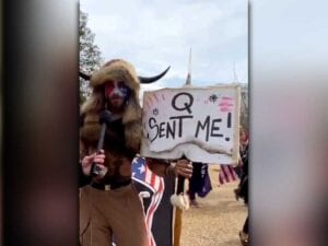 Man carrying spear, wearing furs and horned hat at capitol uprising arrested