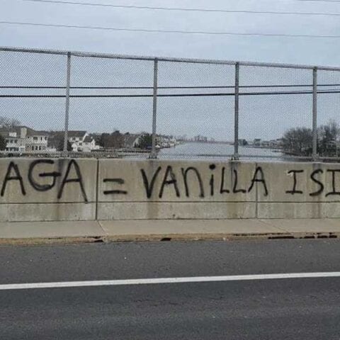 Graffiti on forked river bridge calls maga "vanilla isis" - photo licensed by shore news network.