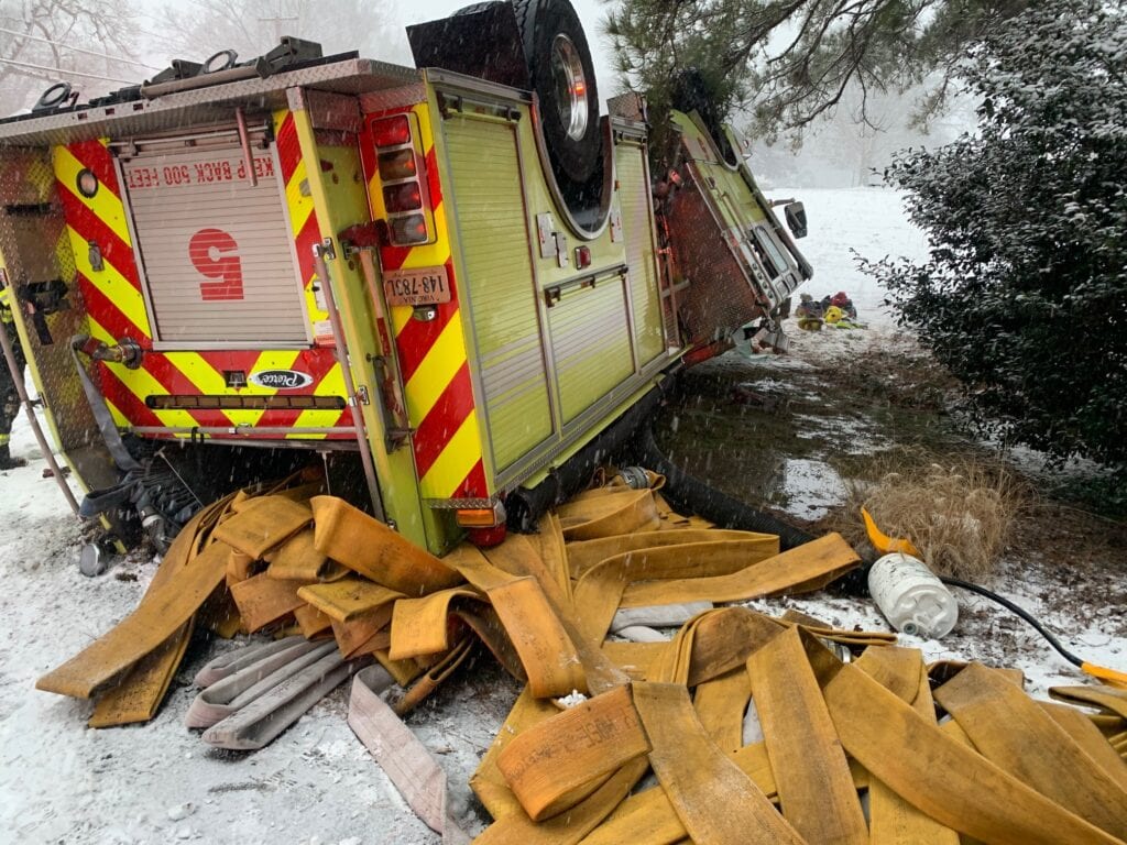 Firefighters recovering after engine skids out, flips over in snowstorm
