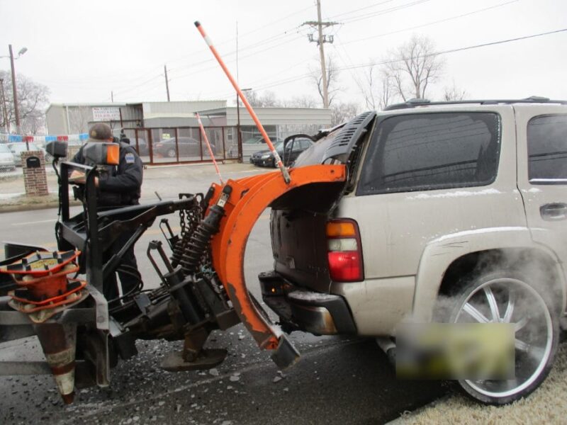 Snow plow eats car trying to pass it, Tulsa police say "Please, don't"