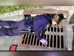 Sheriff's officer lays down in the gutter to rescue adorably cute kitten as water was rising quickly