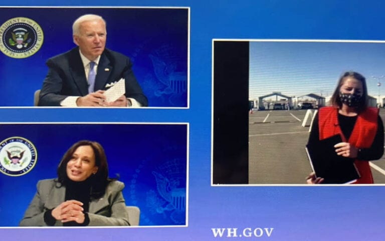 Biden asks nine year university nurse, "are you a freshman? " during covid-19 vaccination meeting - photo licensed by shore news network.