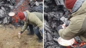 Man cooks bacon and eggs on active volcano lava