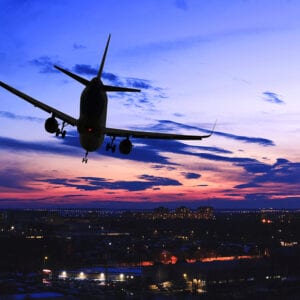 Passenger plane landing. Stock Photo.