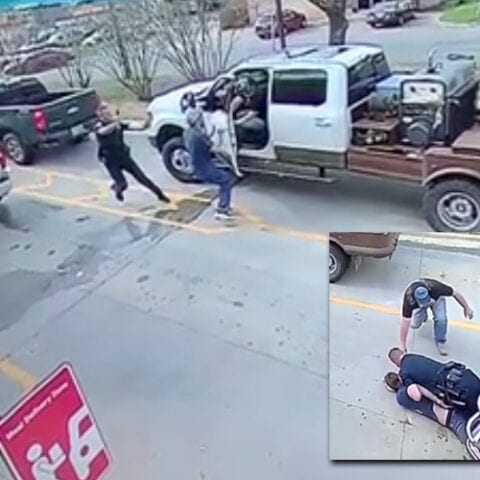 Man in line at chick-fil-a opens door to clip suspect running from cop - photo licensed by shore news network.