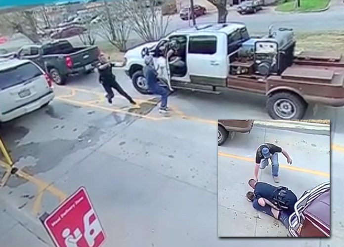 Man in line at Chick-Fil-A opens door to clip suspect running from cop