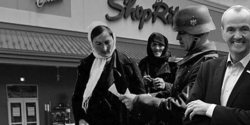 Concept, Nazi-style military guards checking COVID-19 ID at supermarket. Governor Phil Murphy.