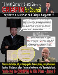 Orthodox Jewish Endorsement of Crispin for TR Council Subject of Campaign Flyer