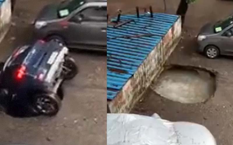 Watch as sinkhole completely swallows Hyundai in parking lot after rainstorm