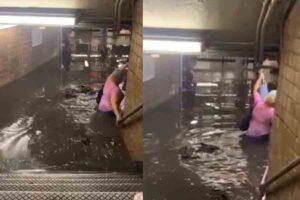 Woman trudges through nyc subway sewer water to get the train