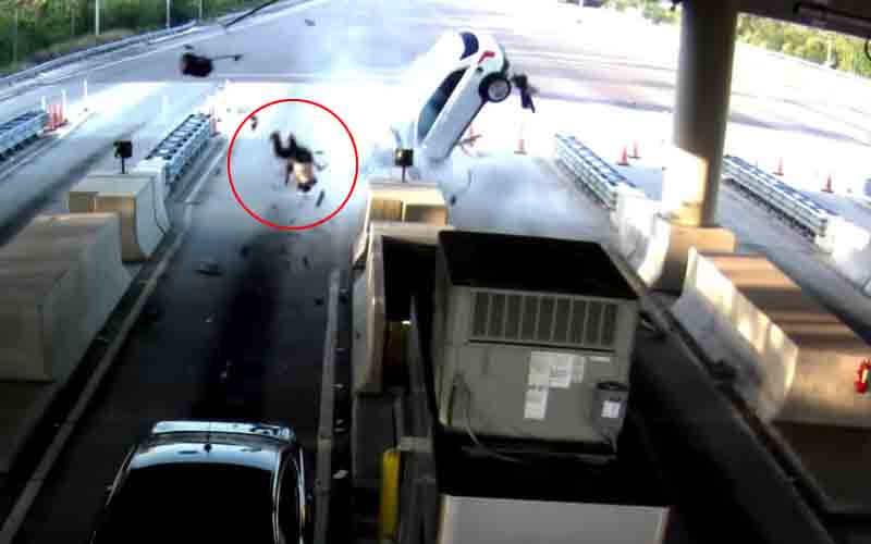 Driver learns importance of a good night's sleep after crashing into toll booth at full speed