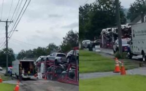 Watch: Runaway vehicle carrier loses brakes smashes through neighborhood Watch Runaway vehicle carrier loses brakes smashes through neighborhood