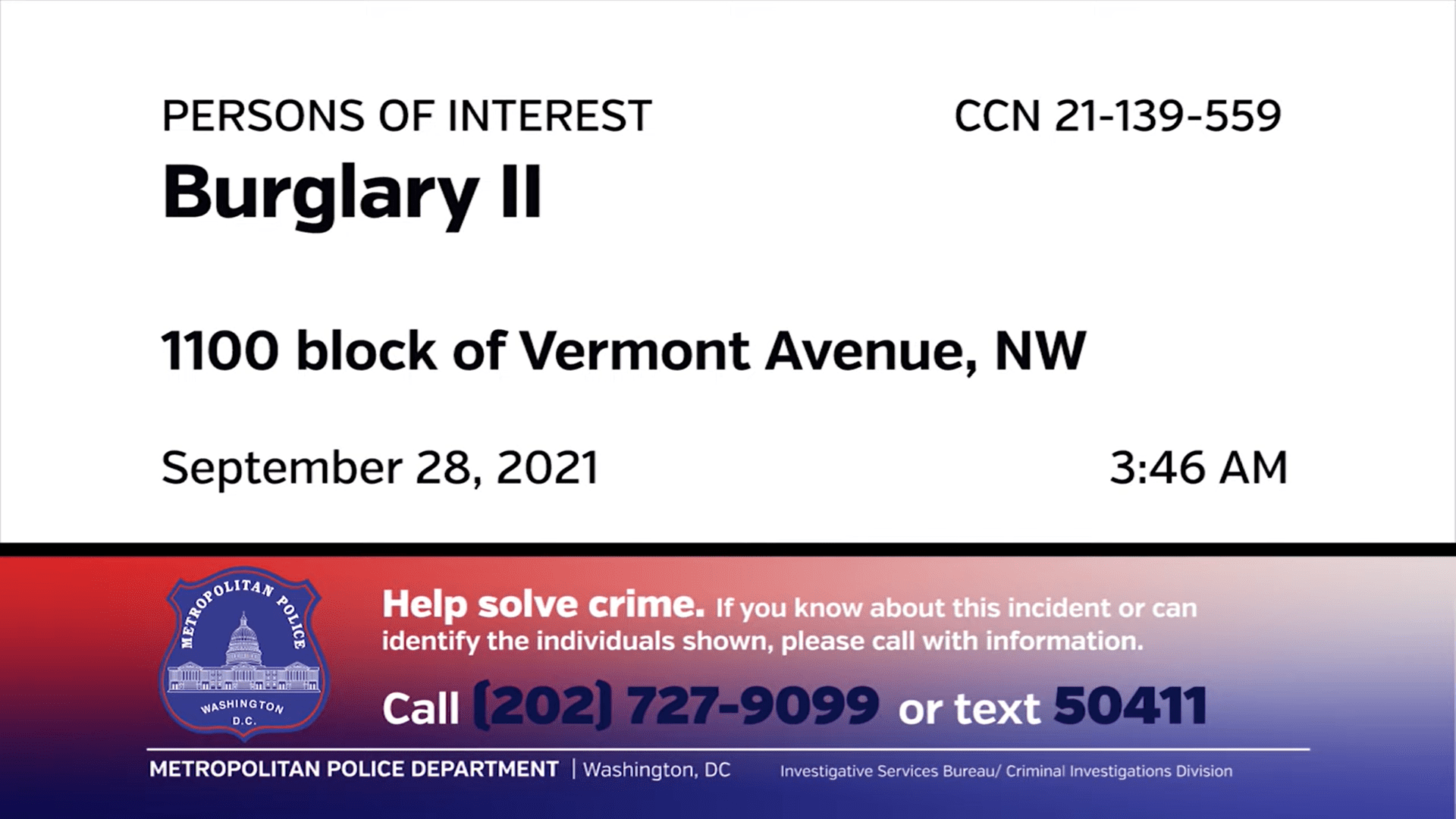 D.C. Detectives seek Assistance in Identifying Burglary Suspects