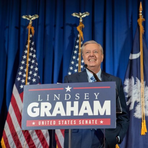 Lyndsey graham gets heckled at his own fundraiser by anti-vax supporters - photo licensed by shore news network.