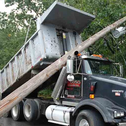 Dump truck with elevated rear box severs telephone pole - photo licensed by shore news network.