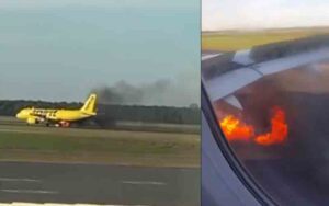 Spirit Airline plane engine catches fire after striking bird taking off at New Jersey airport