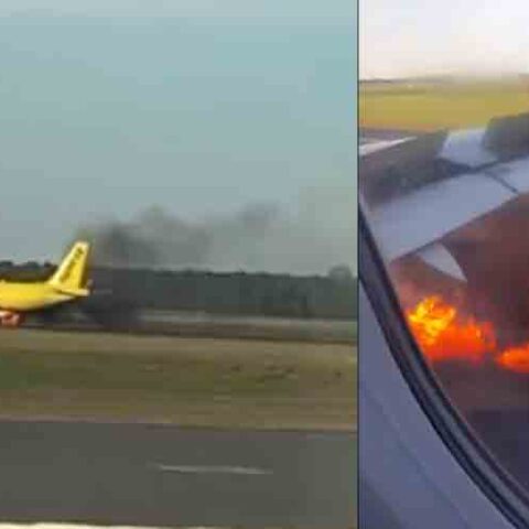Spirit airline plane engine catches fire after striking bird taking off at new jersey airport - photo licensed by shore news network.