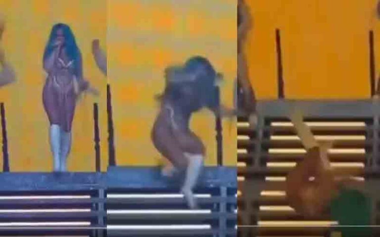 Singer karol g tumbles down a flight of stairs at miami concert, exposing lip-syncing performance - photo licensed by shore news network.