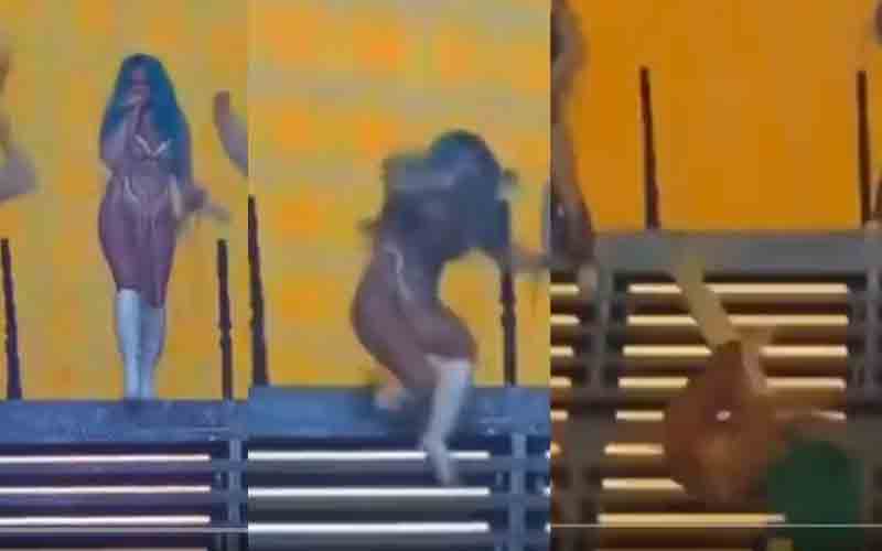 Singer Karol G tumbles down a flight of stairs at Miami concert, exposing lip-syncing performance