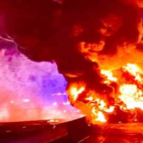 Tanker truck bursts into flames after hitting disabled vehicle on route 37 that hit deer - photo licensed by shore news network.