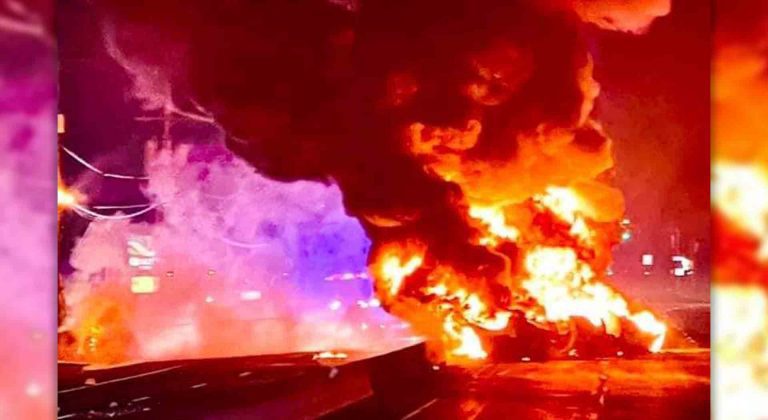 Tanker truck bursts into flames after hitting disabled vehicle on route 37 that hit deer - photo licensed by shore news network.