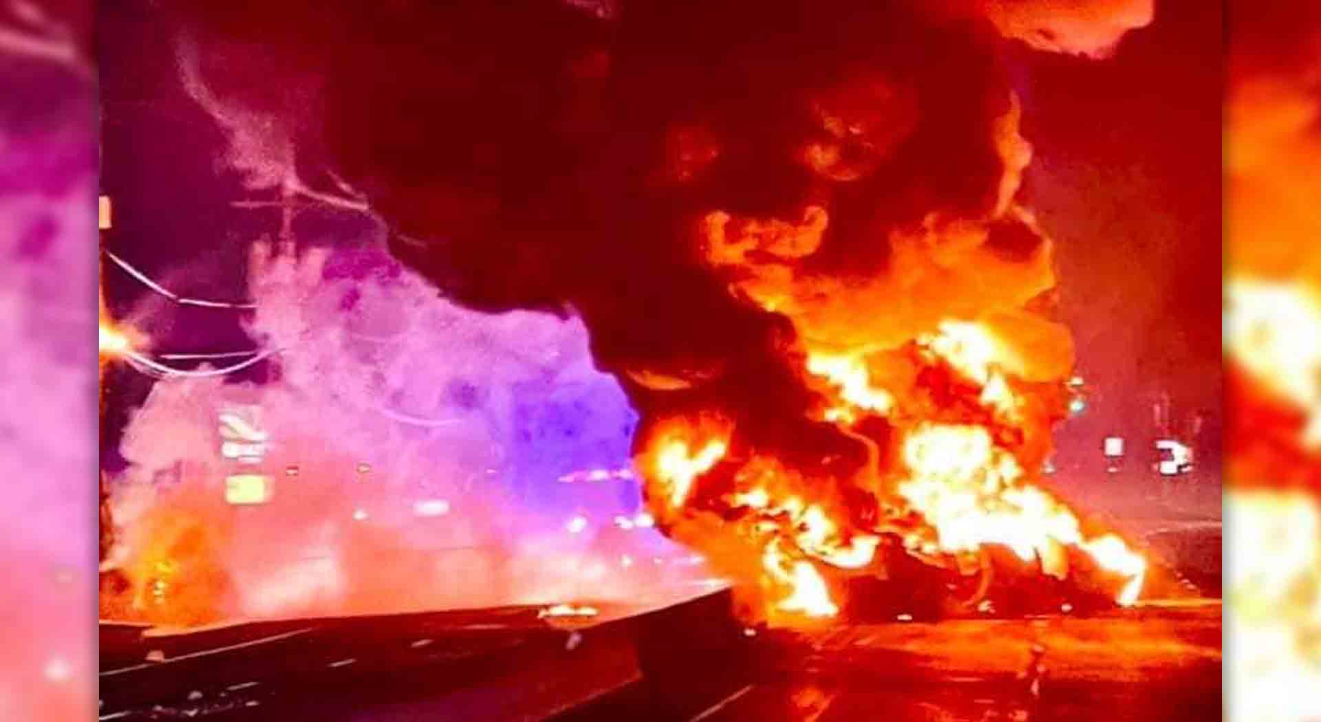 Tanker truck bursts into flames after hitting disabled vehicle on Route 37 that hit deer