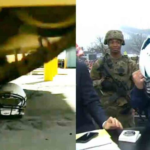 U. S. Army crushes navy helmet with m-1 tank to give to staubach on air, then they lose the game - photo licensed by shore news network.