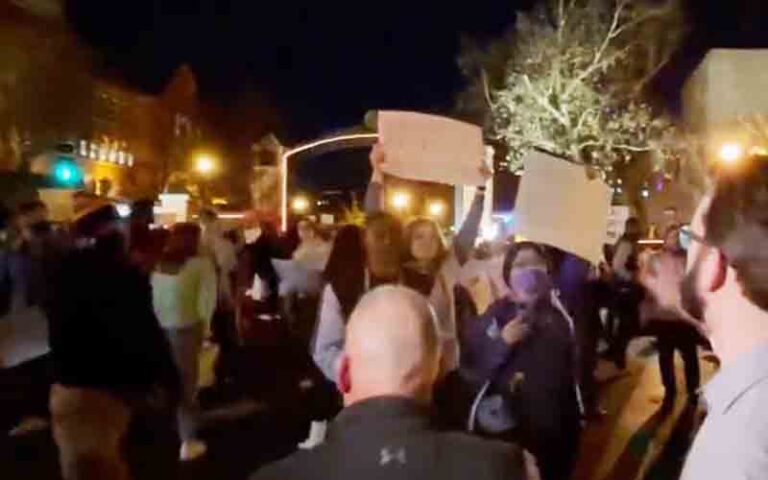 Protesters block street outside hotel where conservative activist matt walsh was speaking - photo licensed by shore news network.
