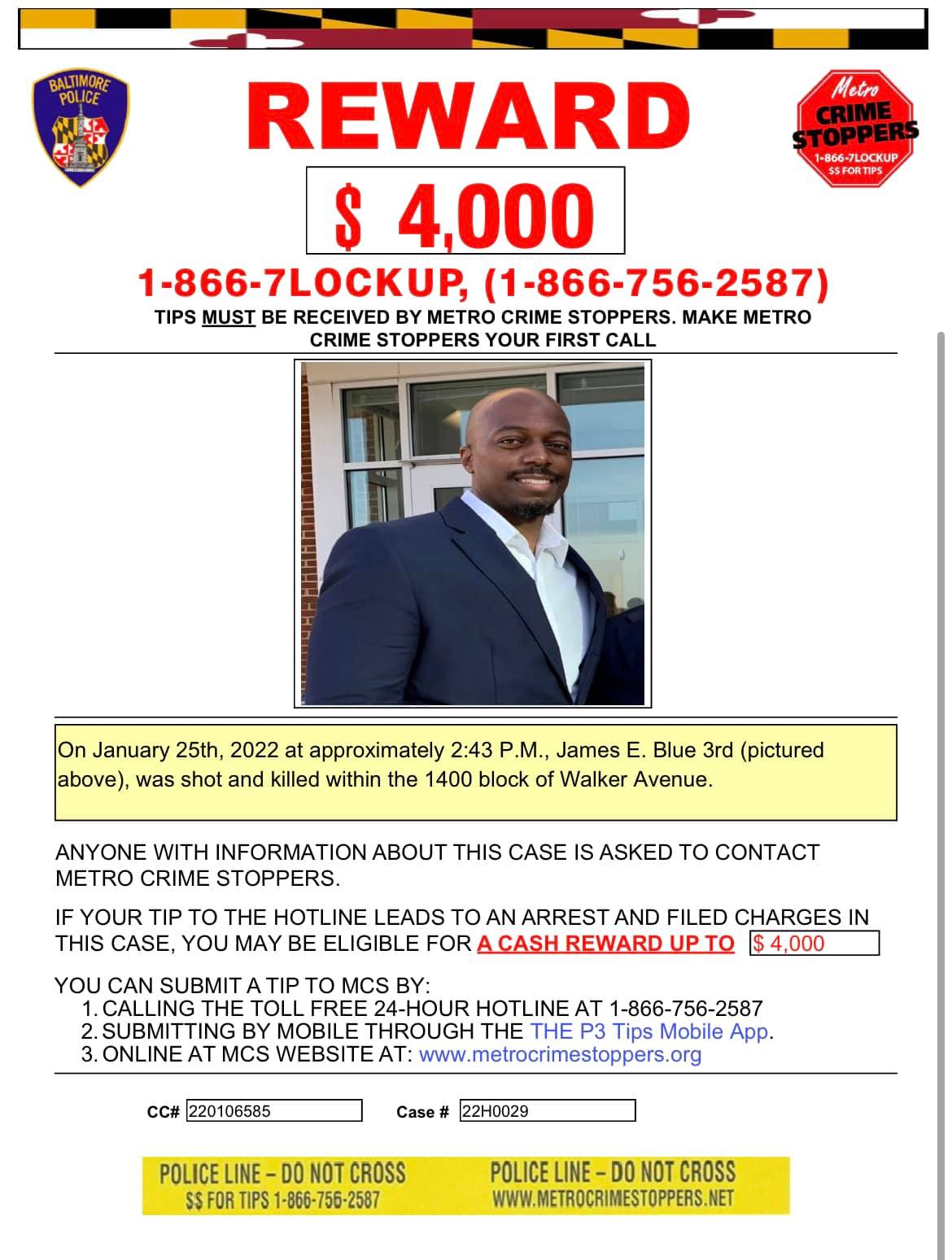 Baltimore Homicide Detectives Need Your Help Locating Suspect who Murdered James E. Blue