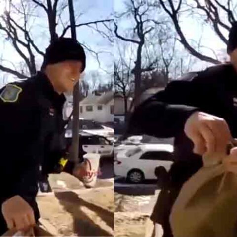 Police officer finishes door dash delivery after arresting driver - photo licensed by shore news network.