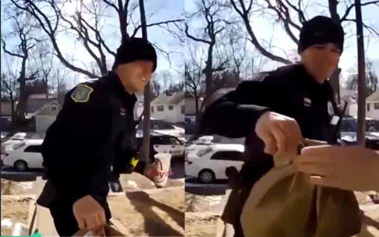 Police officer finishes door dash delivery after arresting driver - photo licensed by shore news network.