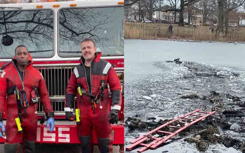 FDNY rescue team saves two after falling through ice at Beasley Pond Park