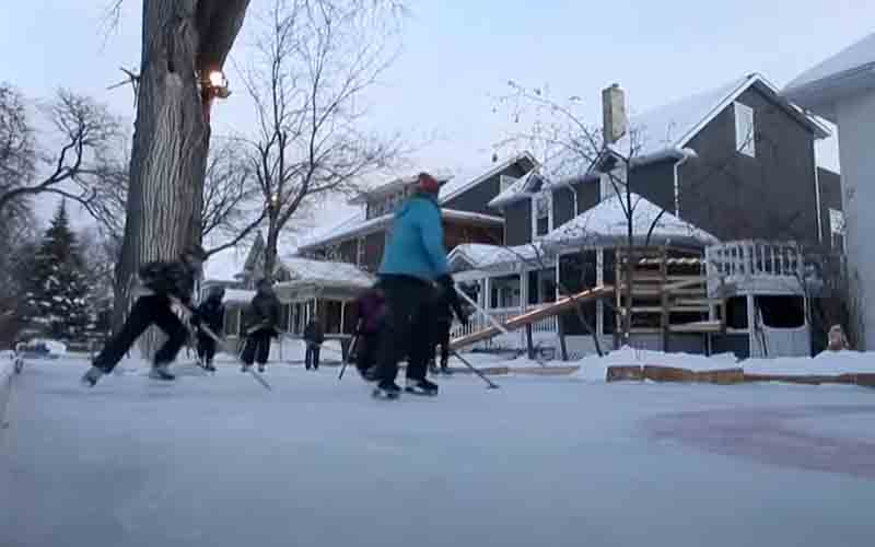 Neighbors band together to build backyard hockey rink for neighborhood kids, with a large tree inside the blue line