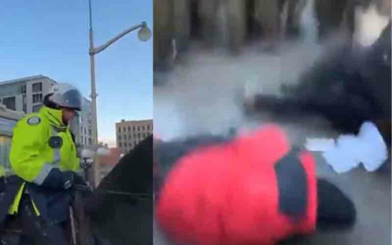 Horse mounted canadian police trample elderly woman with walker in ottawa after trudeau ordered action - photo licensed by shore news network.