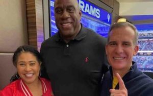 Lockdown happy l. A. Mayor said he held his breath in maskless photos during rams nfc championship game